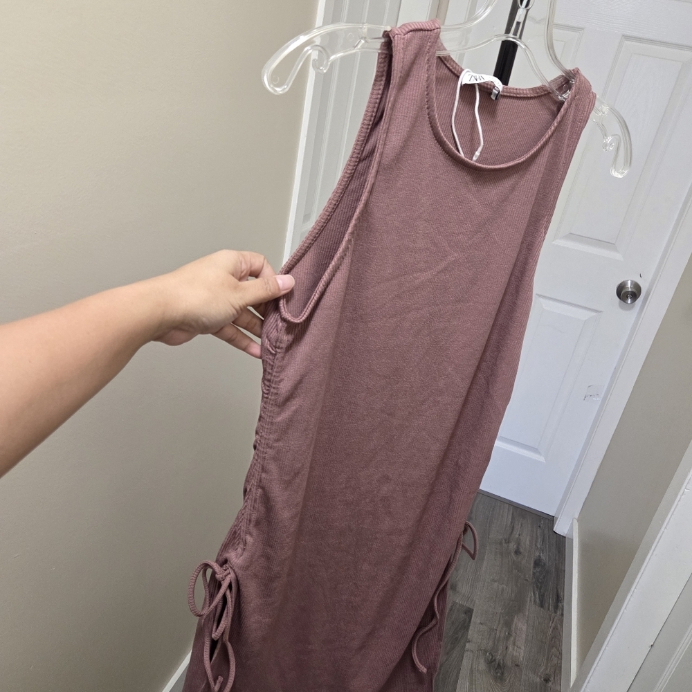 Zara Ribbed Pink Ruched Side Sleeveless Mini Dress Tunic Bodycon Stretch Trendy - Picture 5 of 10